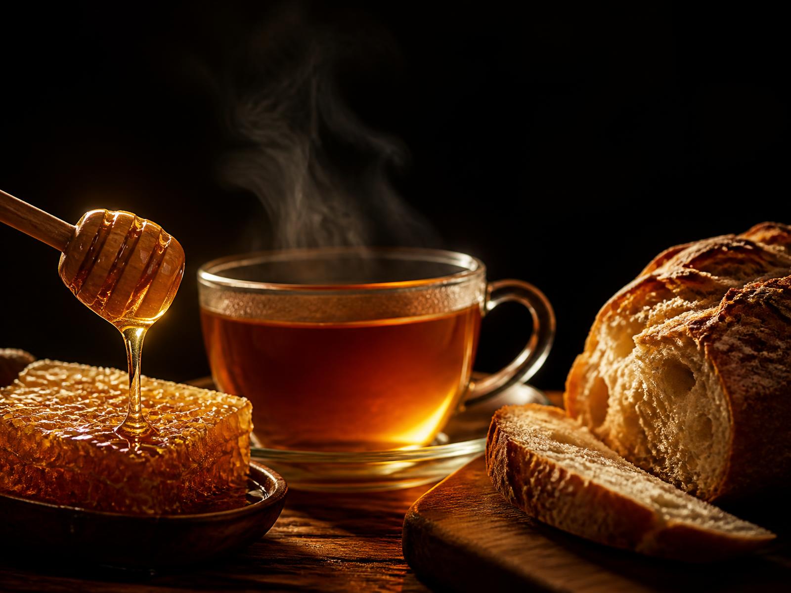 A cup of hot tea beside honeycomb and fresh bread, with honey dripping from a dipper
