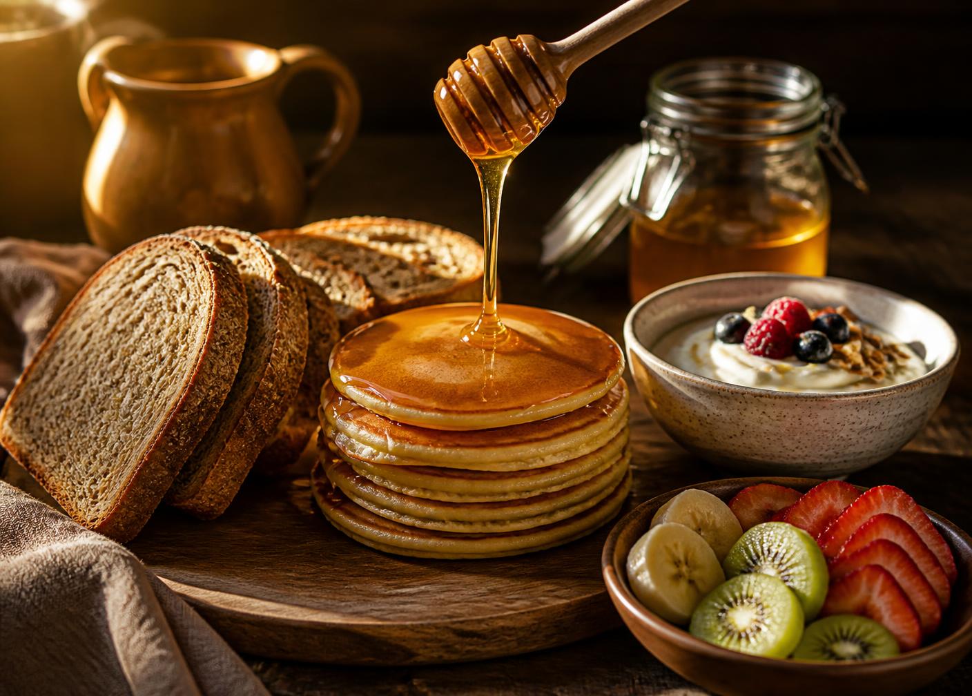 Nyuki Gold honey poured over pancakes and bread with yoghurt and fruit