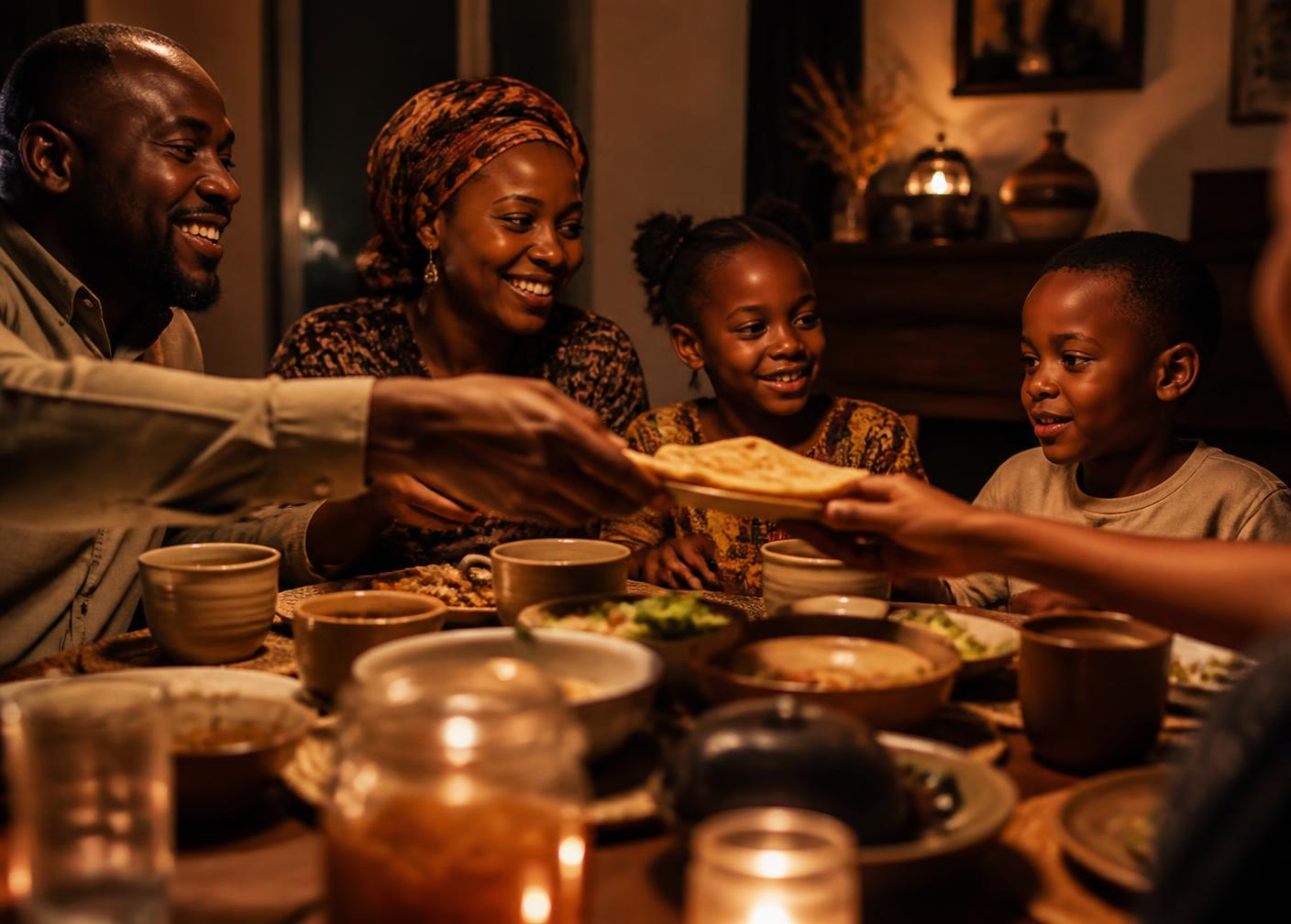 A Kenyan family sharing food and tea around a warmly lit table with Nyuki Gold honey